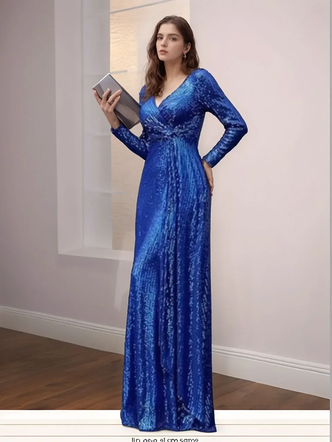 Damen-Abendkleid mit V-Ausschnitt und Pailletten, langen Ärmeln, elegantes Abendkleid für Hochzeit, Party, Brautjungfer, Abschlussball, formelles Promi-Kleid