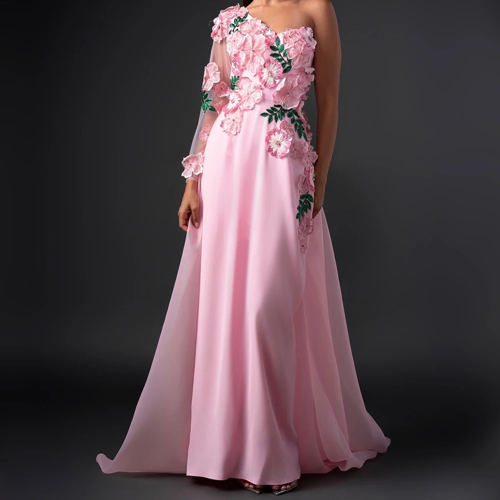 High Quality Chiffon Straight One Shoulder Flowers Crystal Evening Dress Temperament Long Sleeves Floor Length