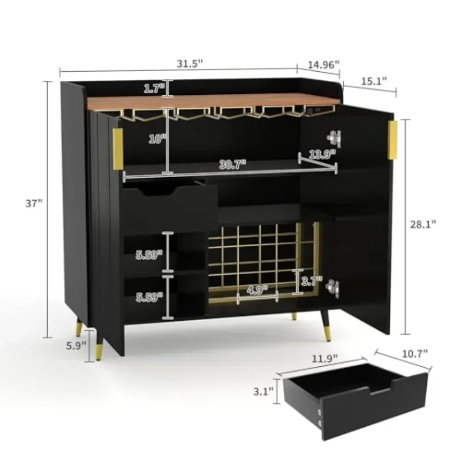 32 Fluted Bar Cabinet with Wine Rack for Home Bar Use, Solid Wood, Matte Black Finish, Space-Saving Design with Adjustable Shel