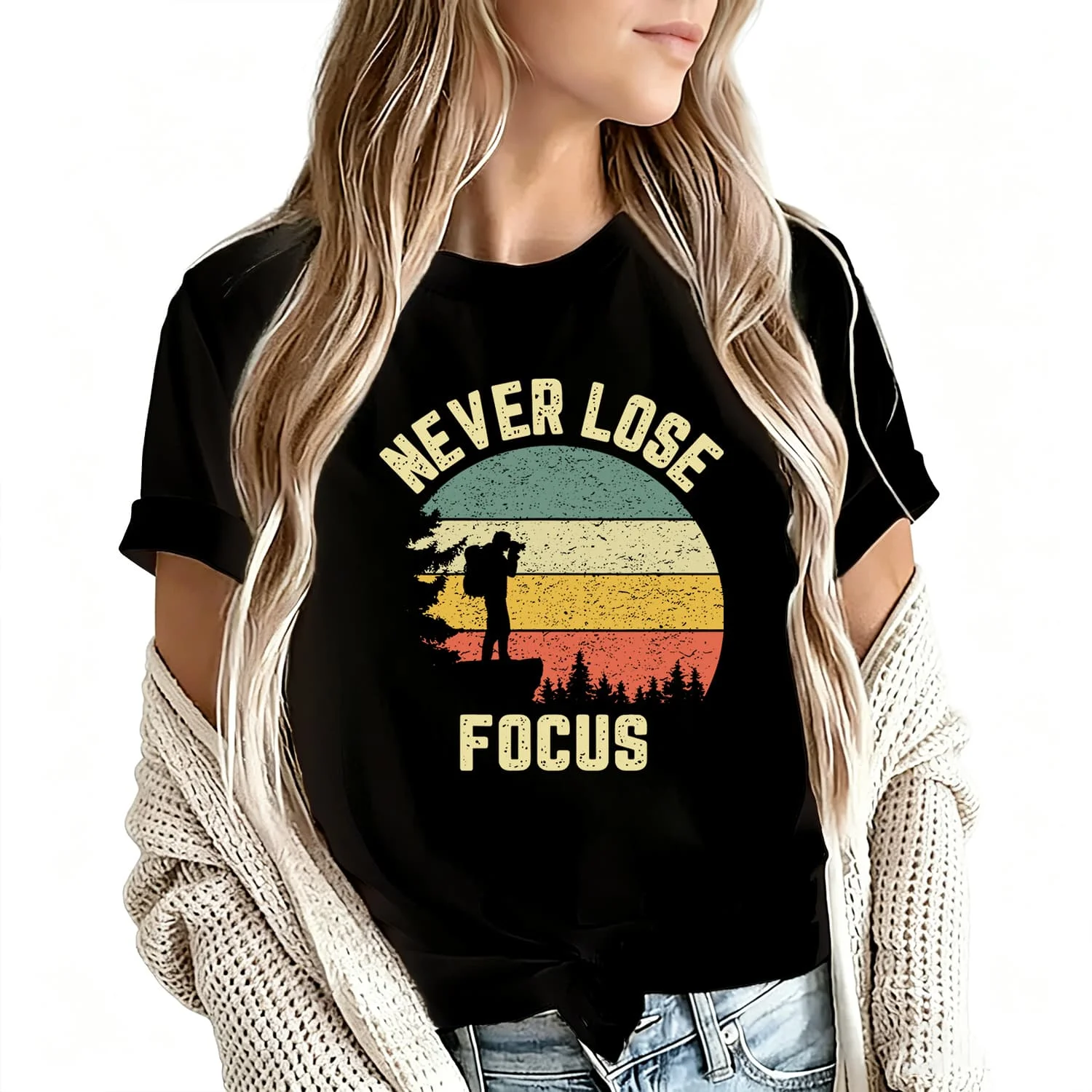 Never Lose Focus Women's T-Shirt 100% Cotton Funny Graphic Short Sleeve Tee Novelty Shirt Casual Crew Neck Top S-5Xl