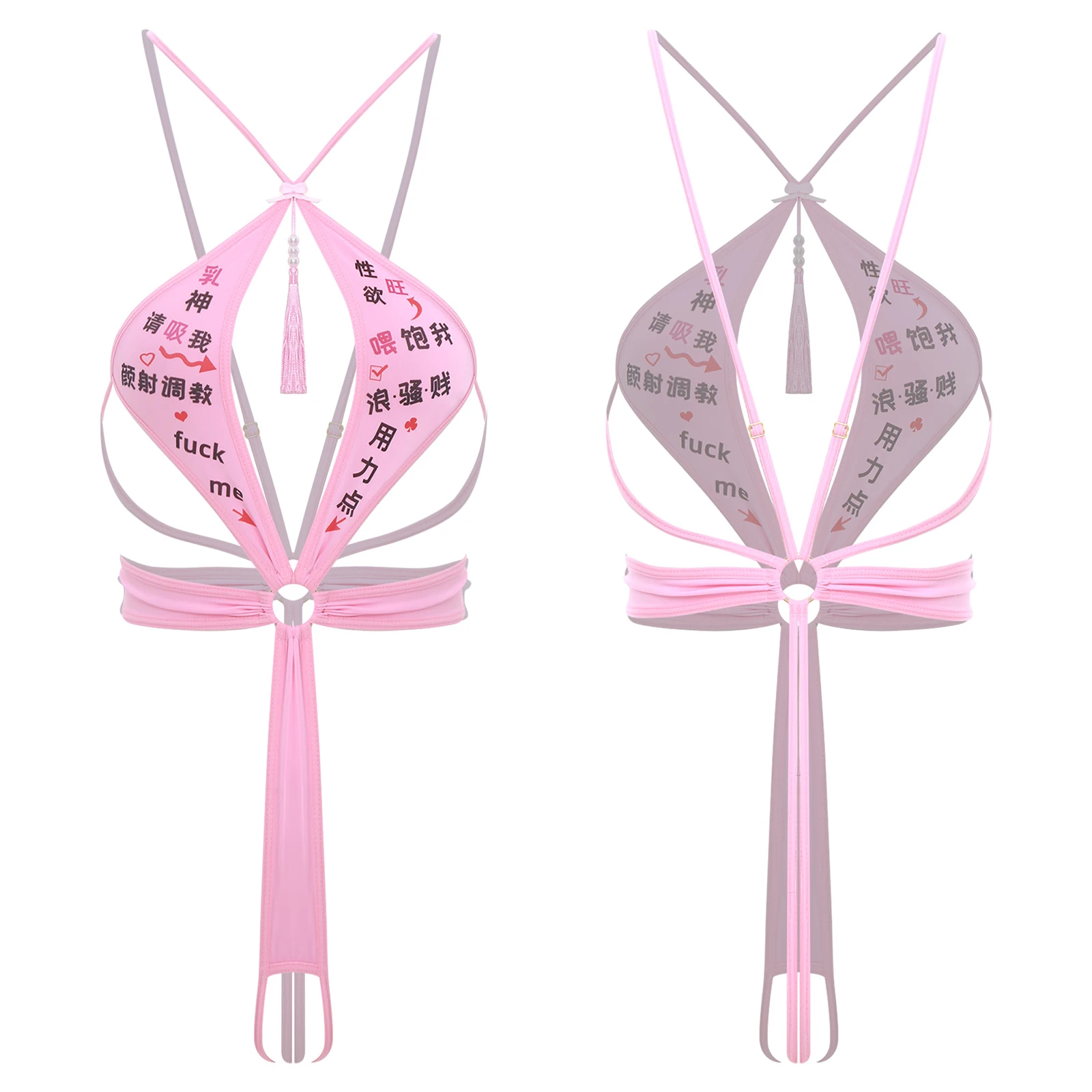 Летний женский кавайный ажурный аниме-боди, купальник с лямкой на шее, бикини с Т-образной спинкой, цельный комбинезон, ночная рубашка, пляжная одежда