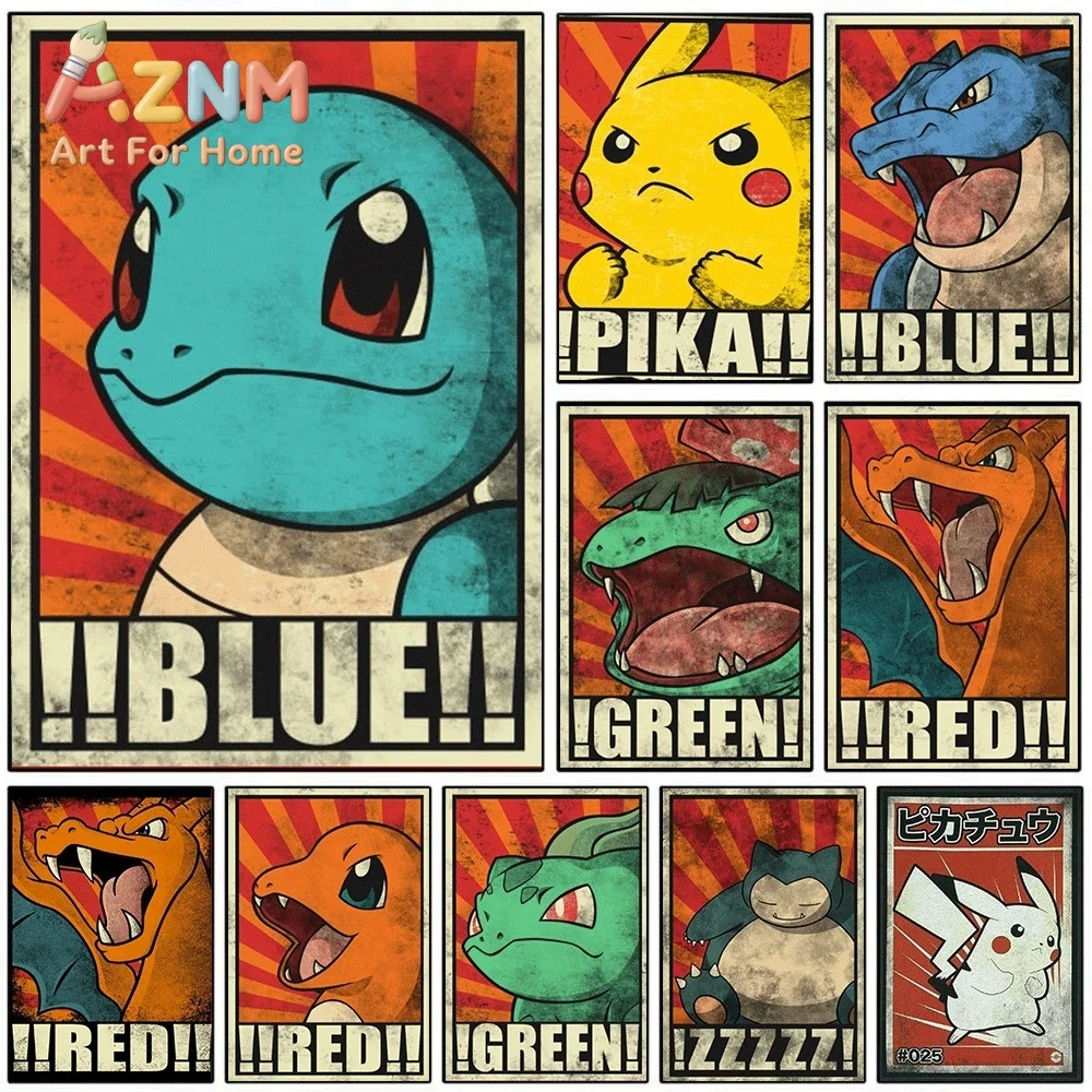Pokemon Anime Canvas Wall Art No Frame Squirtle Pikachu Charizard Vintage Propaganda Style Print Poster for Bedroom Living Roo
