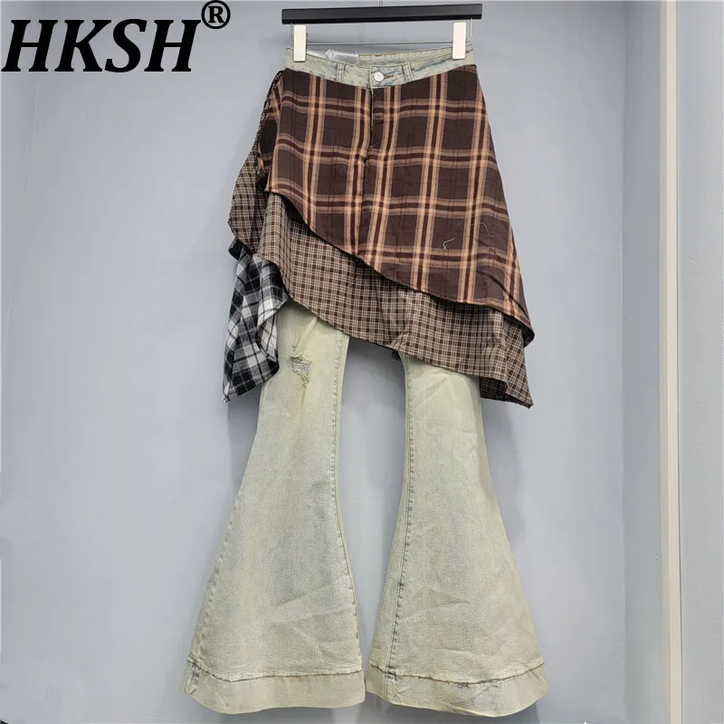 

HKSH Spring Autumn New Women's Jeans Asymmetric Plaid Patchwork Denim Fake Two-Piece Streetwear Elegant Y2K Flared Pants HK15792