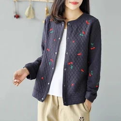 Women Clothing Vintage Fashion Cherry Embroidery Simple Baseball Jackets Autumn Casual O Neck Long Sleeve Pockets Cotton Coats