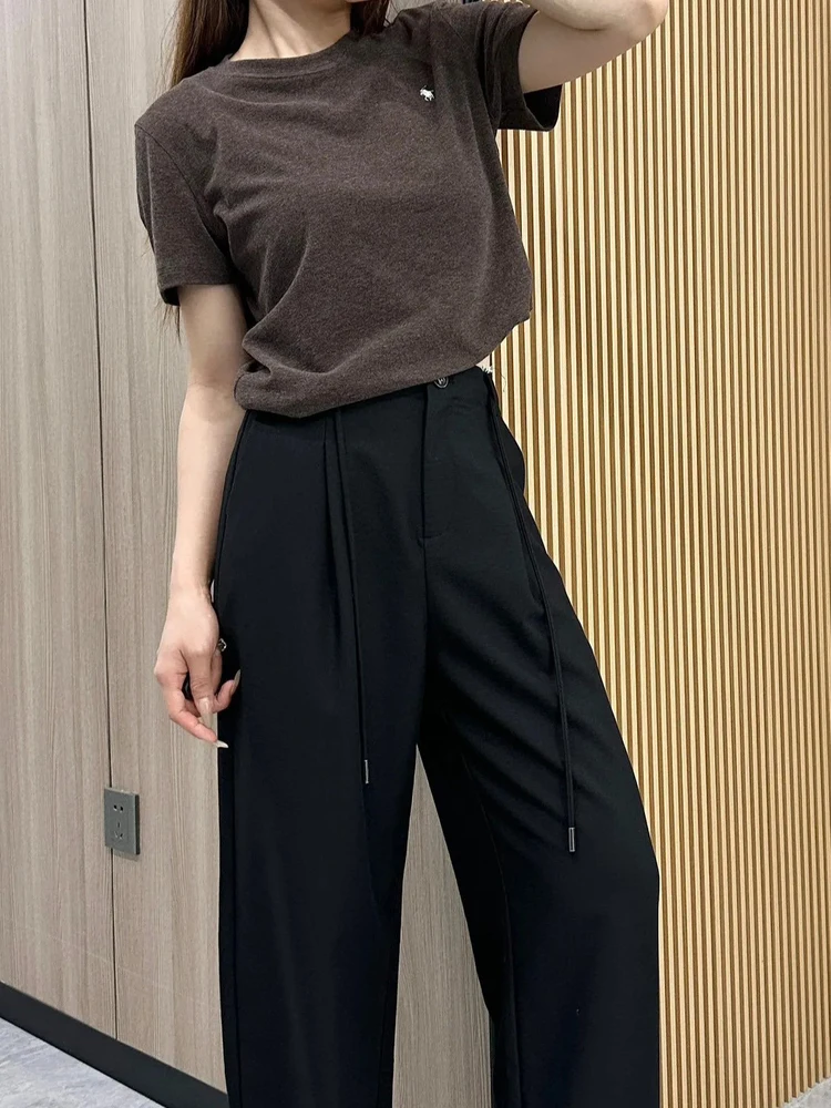   Hose mit weitem Bein für Damen, hohe Taille, lockeres bodenlanges Dstring-Design, lässige Anzughose, Ele-Schlankheitseffekt