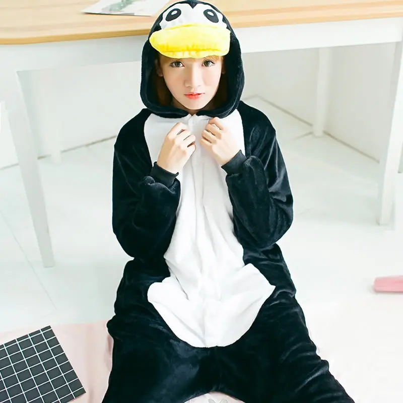 Flannel Black Penguin Onesie Pajamas for Women Adult Cartoon Animal Christmas Halloween Cosplay Onepiece Costume Soft Sleepwear