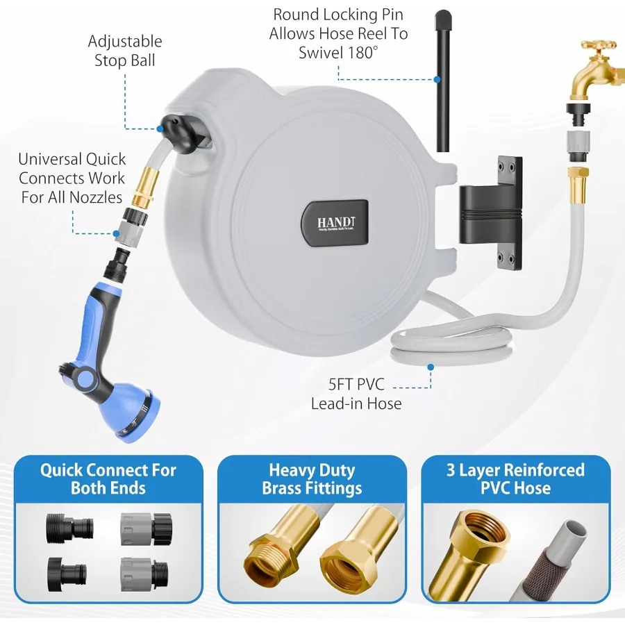 Enrouleur de tuyau d'arrosage rétractable basé sur les États-Unis, 1, 2 po x 50 pieds, connexion rapide, pulvérisateur à 10 motifs pour l'irrigation extérieure dans le mur