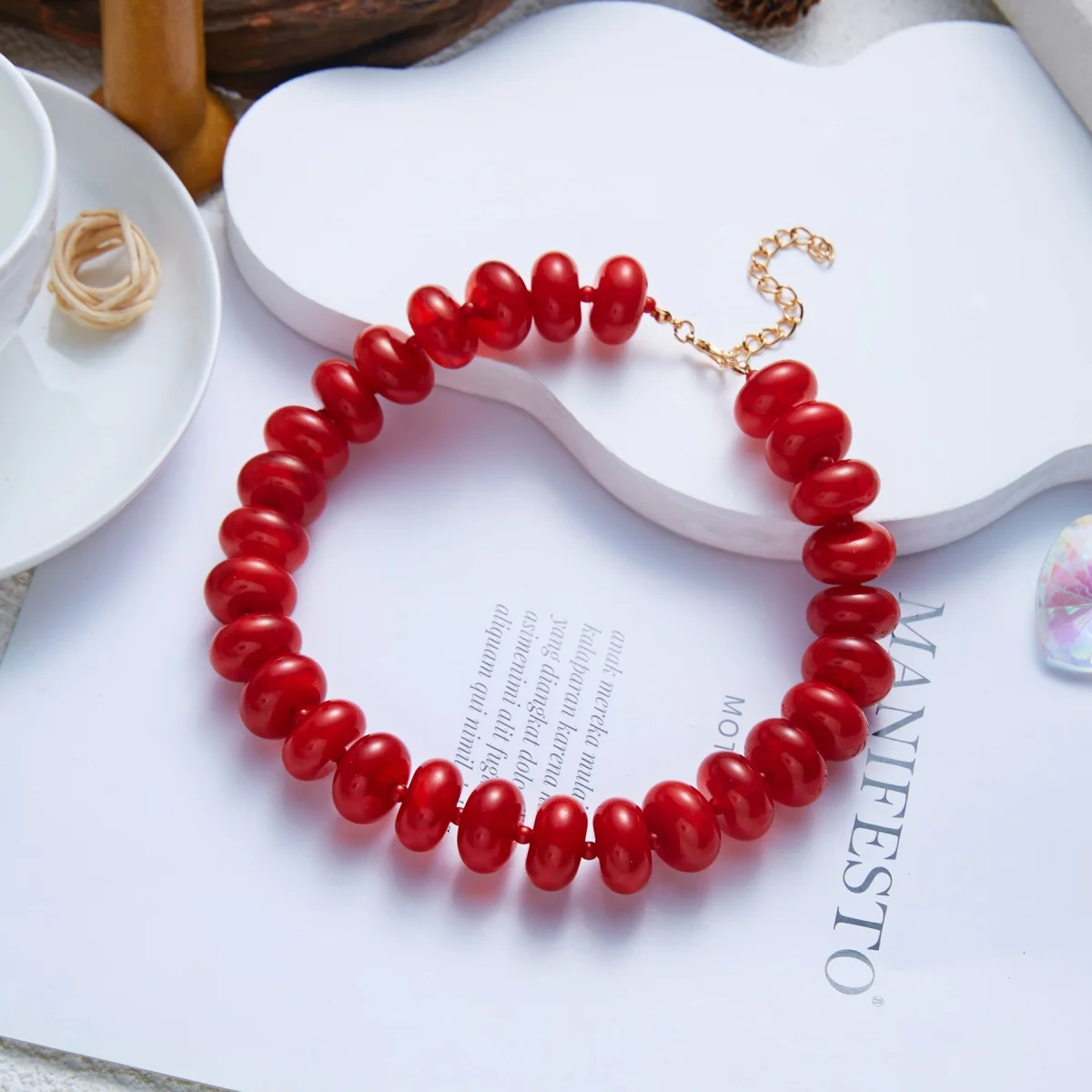 Dopamine Bunte flache, runde Acryl-Perlenkette für Damen und Herren, trendige, einfache geometrische Harzperlen, stapelbarer Choker-Schmuck – Detail 16