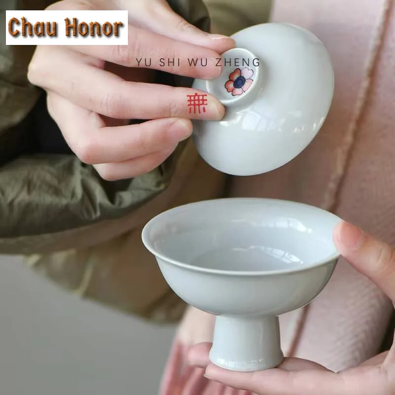 

70ml Ceramic 45 Degree Gray High Foot Covered Bowl Dunhuang Small Flower Tea Tureen Creative Tea Brewing Gaiwan Kung Fu Teaset