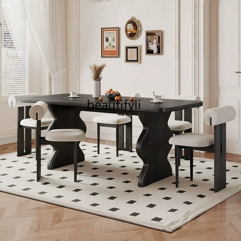 

A13 French Cream Solid Wood Dining Table Stone Plate Ash Vintage Black Walnut Antique Furniture