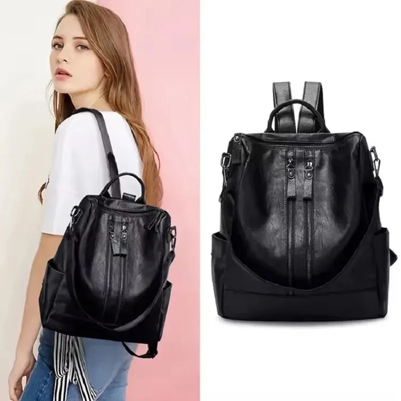 Leather Backpacks Black Waterproof Women Girl Leather Bag Fashion Mini Anti Theft Buckle Purse Backpack Women Travel Backpack