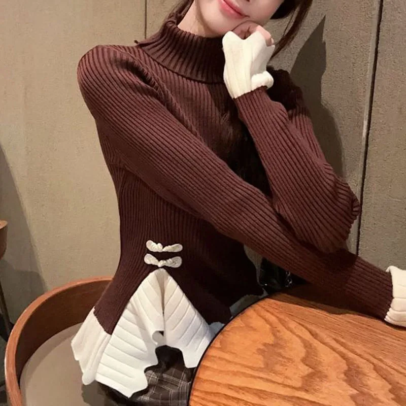 Women\'s Autumn Winter New High Necked Ruffle Edge Patchwork Knit Bottom Sweater Fashion Slim Chic Commuter Long Sleeve Tops