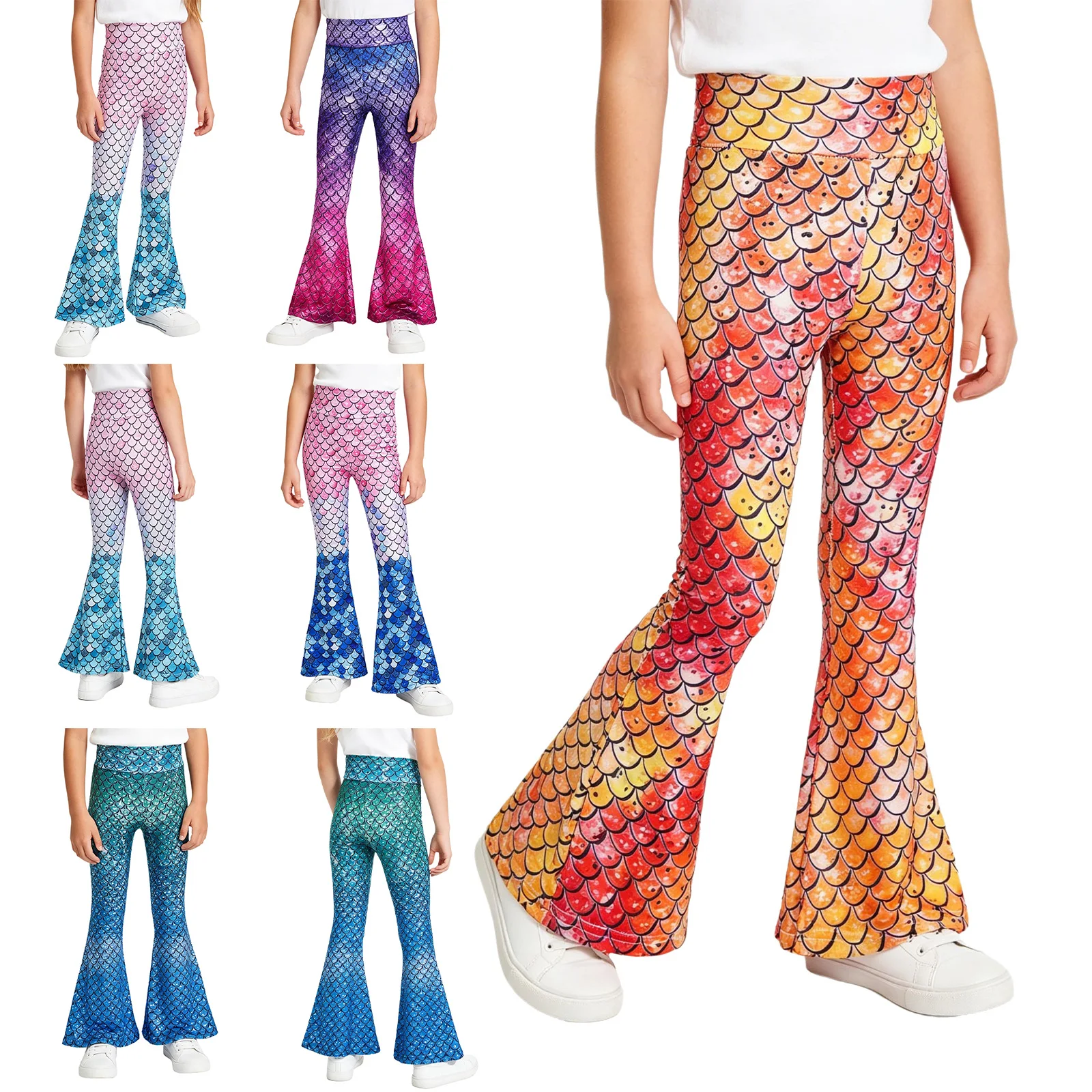 Kids Girls Stylish Fish Scale Printed Bell Bottoms High Waist Flared Long Pants Elastic Waistband Bell Legging Dance Trousers