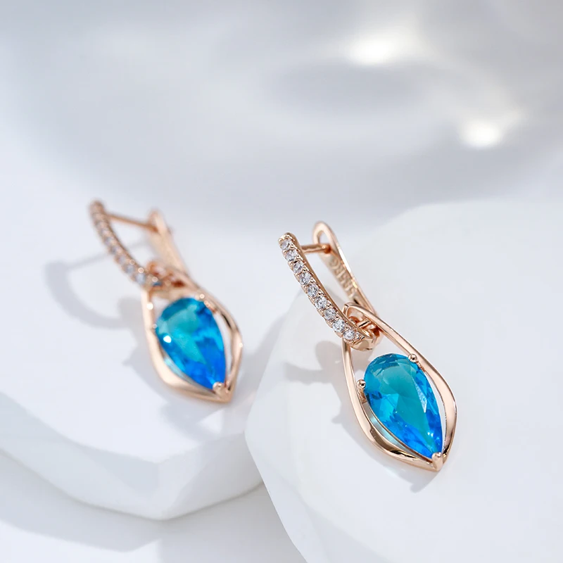 Wbmqda Luxury Blue Natural Zircon Long Drop Earrings Ring For Women 585 Rose Gold Color Fashion Wedding Party Fine Jewelry Sets