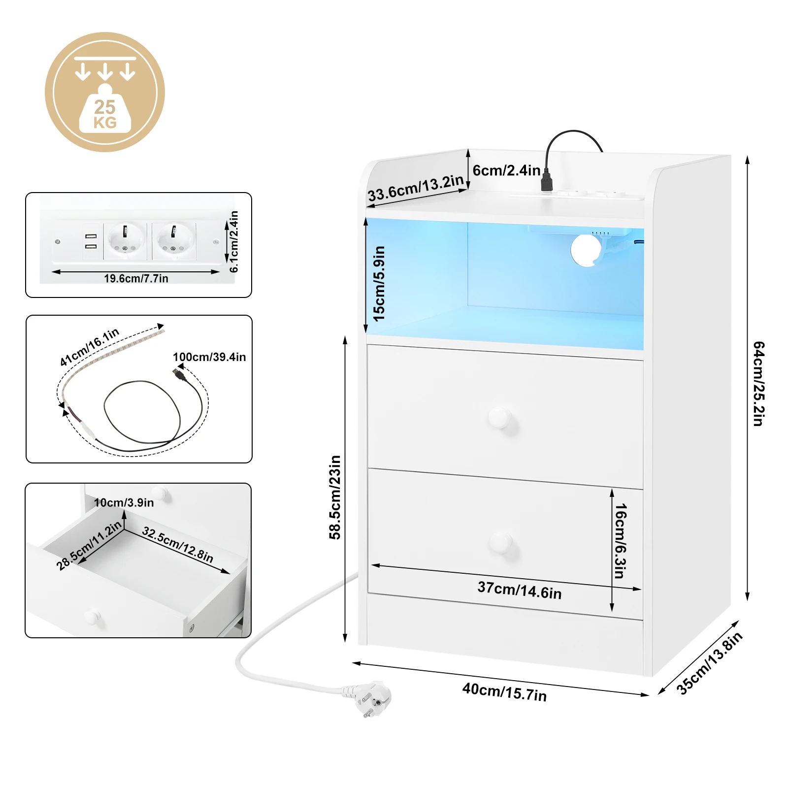 WOLTU Nachttisch, Nachttisch mit Ladestation, USB-Steckdosen, Anschlüsse, Beistelltisch mit LED-Licht, Bettüberzugs-Tisch, Schlafzimmer-Tisch aus Holz – Detail 3
