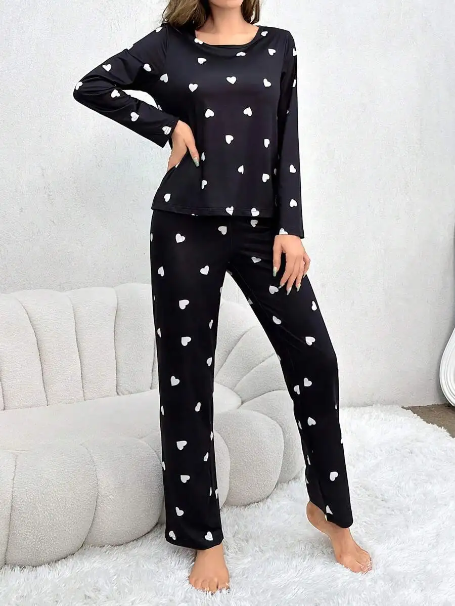 Damen-Pyjama, lässig, Liebesdruck, Rundhalsausschnitt, lange Ärmel, lange Hosen, Herbst und Winter, bequemes Set, Mädchen-Nachtwäsche, Homewear – Detail 6