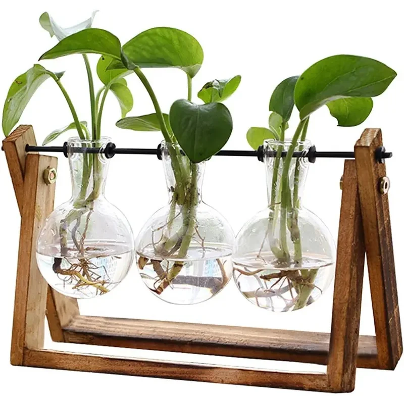 Plant Terrarium with Wooden Stand, Air Planter Bulb Glass Vase Metal Swivel Holder Retro Tabletop for Hydroponics Home Garden