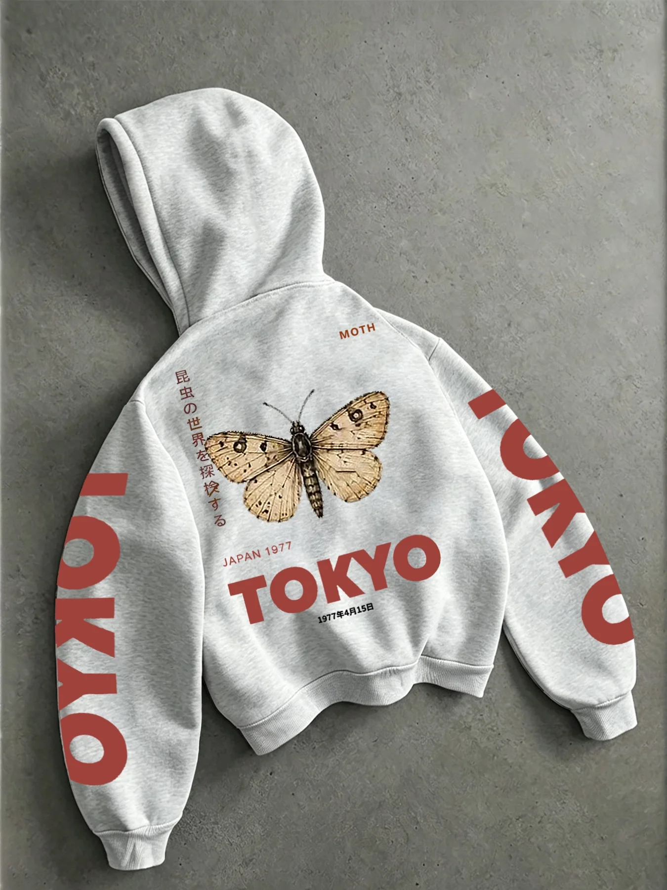 Men's Hooded Sweatshirt with Moth Vintage Insect Print, Japanese Street Style  Hooded Top, Long Sleeve Casual Outerwear