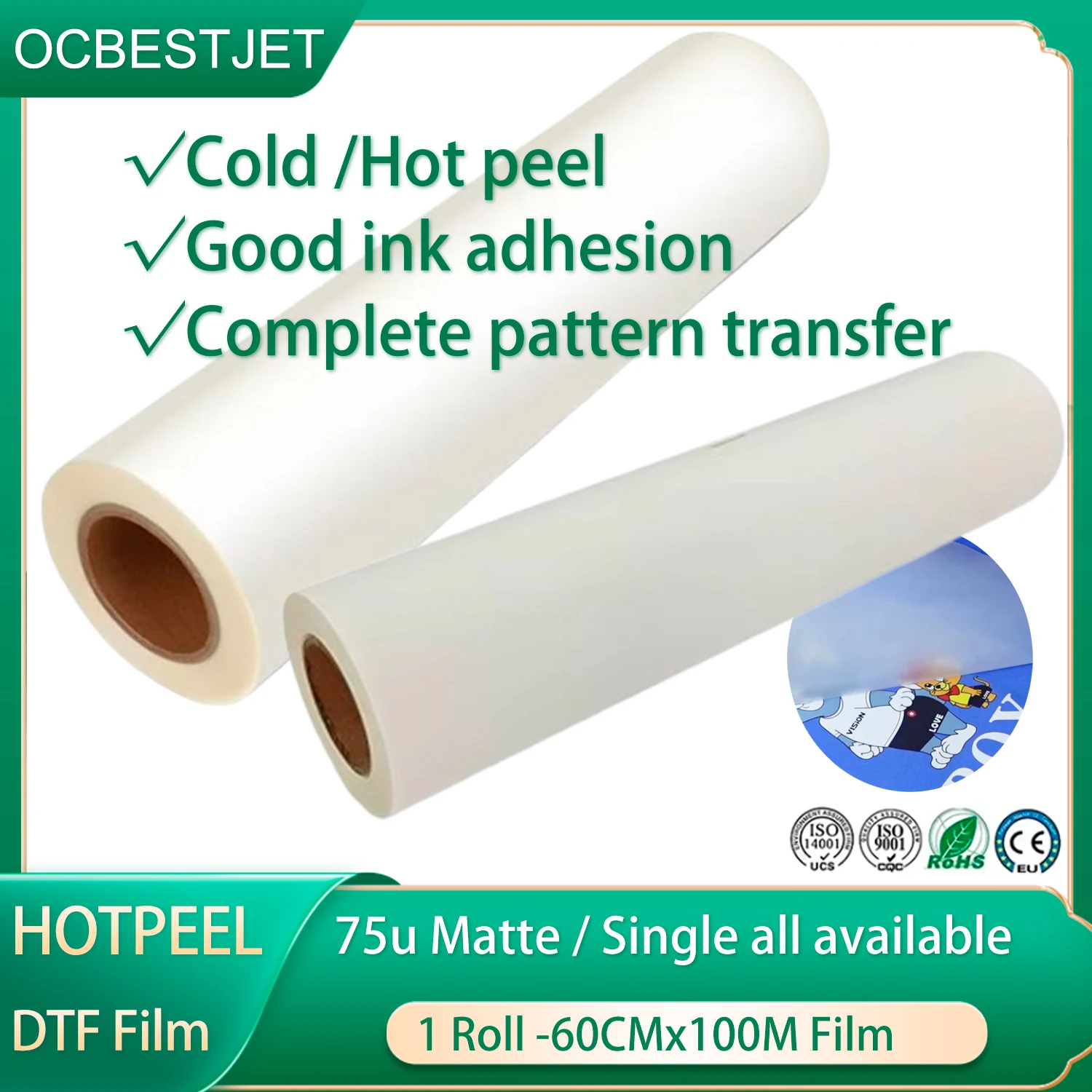 DTF Film Roll 60cm 100m DTF Transfer Film Double Glossy Matte PET Heat Transfer Paper Cold Hot Peel Direct to Film T-Shirts