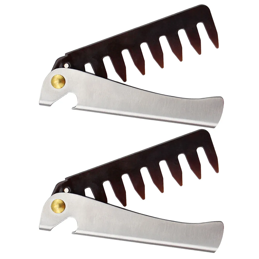 

2Pcs Folding Oil Hair Comb Stainless Steel Portable Wide Teeth Men Beard Styling Brush Compact Lightweight Hair Comb