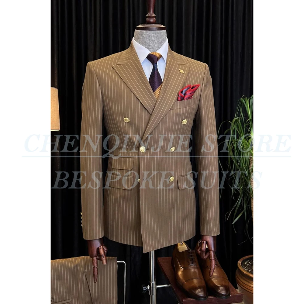 

High Quality Men's Suits Stripe Double Breasted Peak Lapel 2 Piece Jacket Pants Fashion Male Clothing Costume Homme 2026