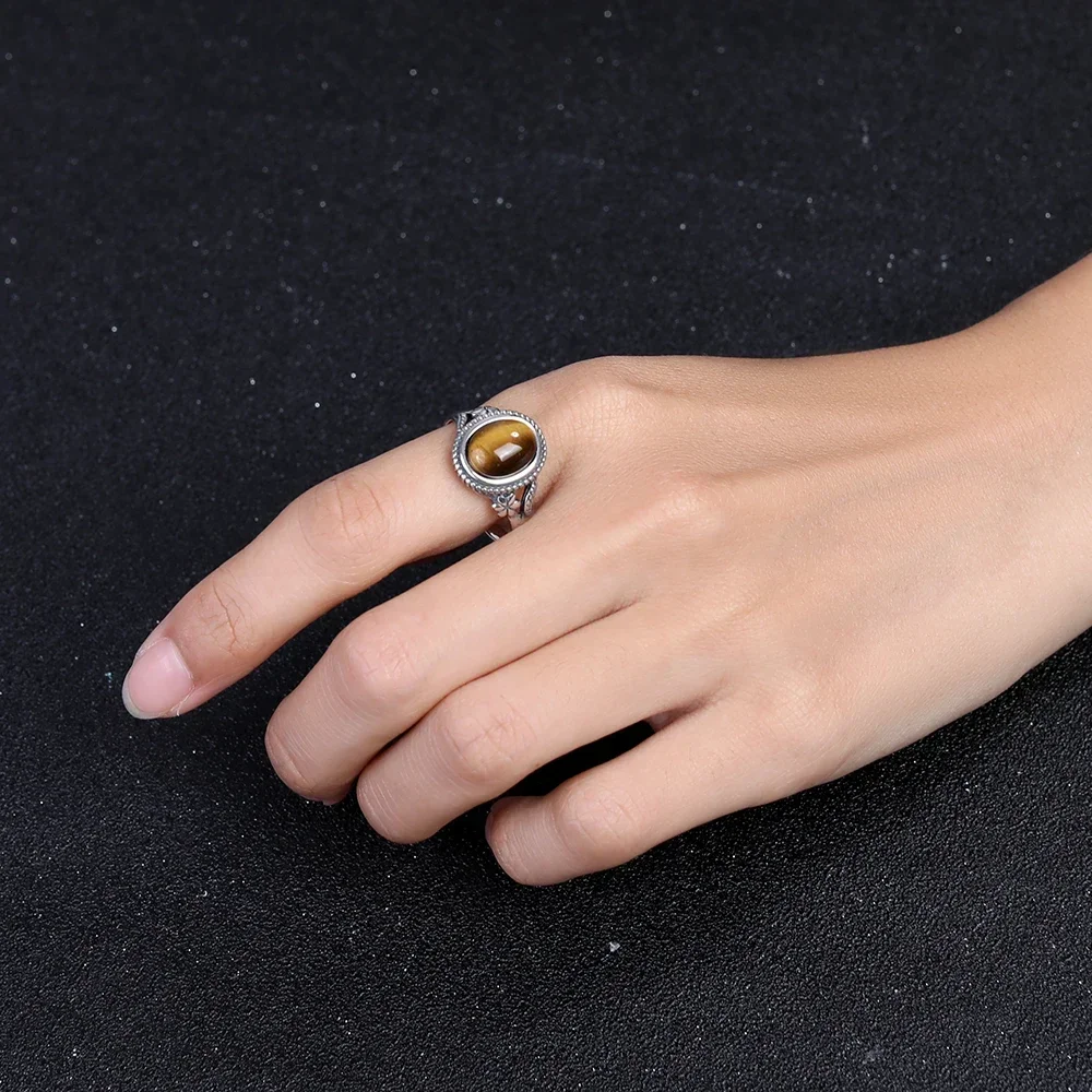 925 Sterling Silver Natural Tiger\'s Eye 8*10mm  Ring for Women Gift Flower Shaped Black Agate Ring Fashion Jewelry