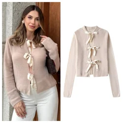 PB&ZA 2024 Spring New Women's Fashion and Elegance Versatile Slim Fit Bow Decoration Knitted Coat