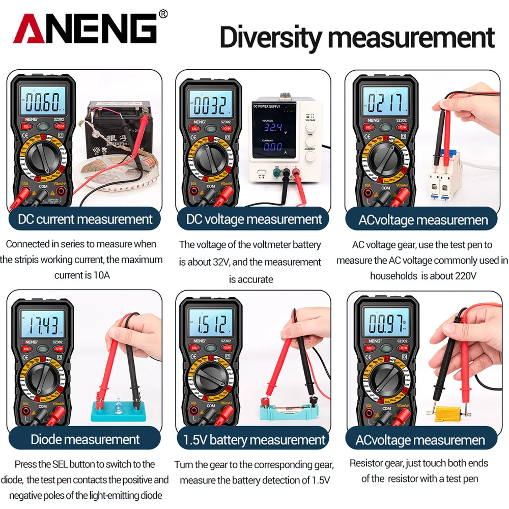 ANENG SZ302 Multimetro digitale AC/DC Corrente di tensione Tester automatico Rilevatore NCV Resistenza Ohm Amperometro Misuratore di capacità