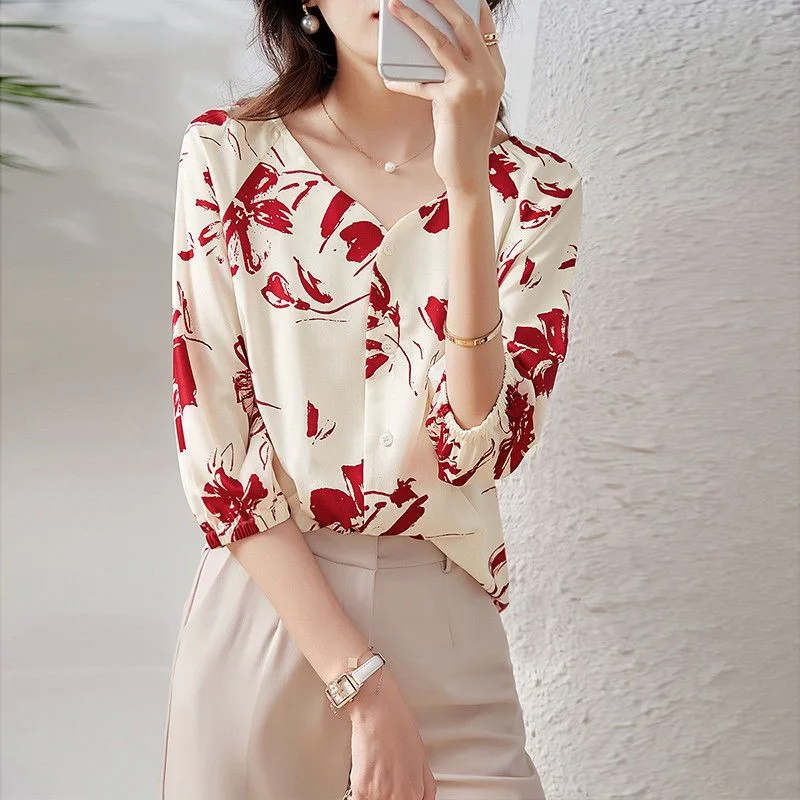 Women\'s Clothing Floral Print Elegant Business Casual Office Lady Button Up Shirt Summer V Neck 3/4 Sleeve Loose Blouse Chic Top