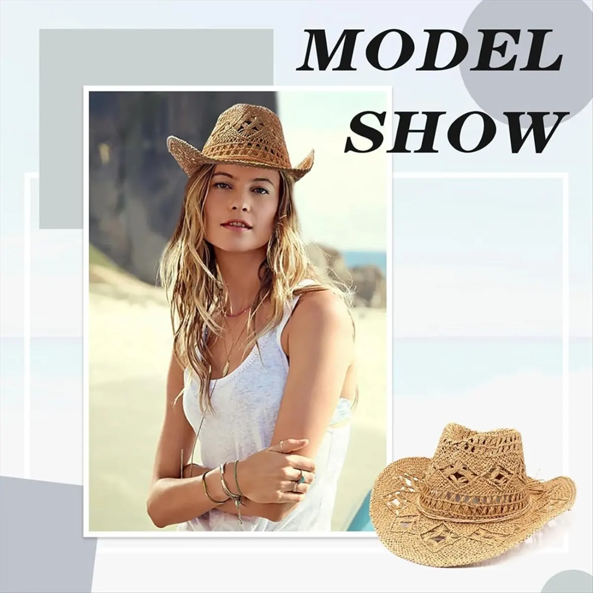 T34C Straw Cowboy Hats for Women Western Cowgirl Hat for Holiday Party Foldable Vacation Beach Sun Hat with Wide Brim A