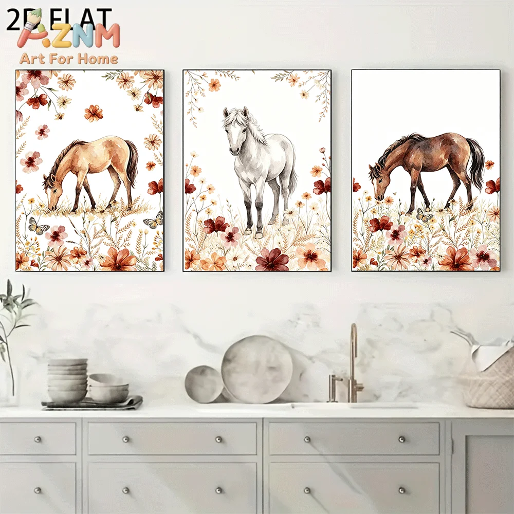 AZNM 3Pcs Neutral Oranga White Pumpkin CanvasAZNM Frameless Canvas Wall Art, Watercolor Wildflower Horse Print, Floral Meadow Ho