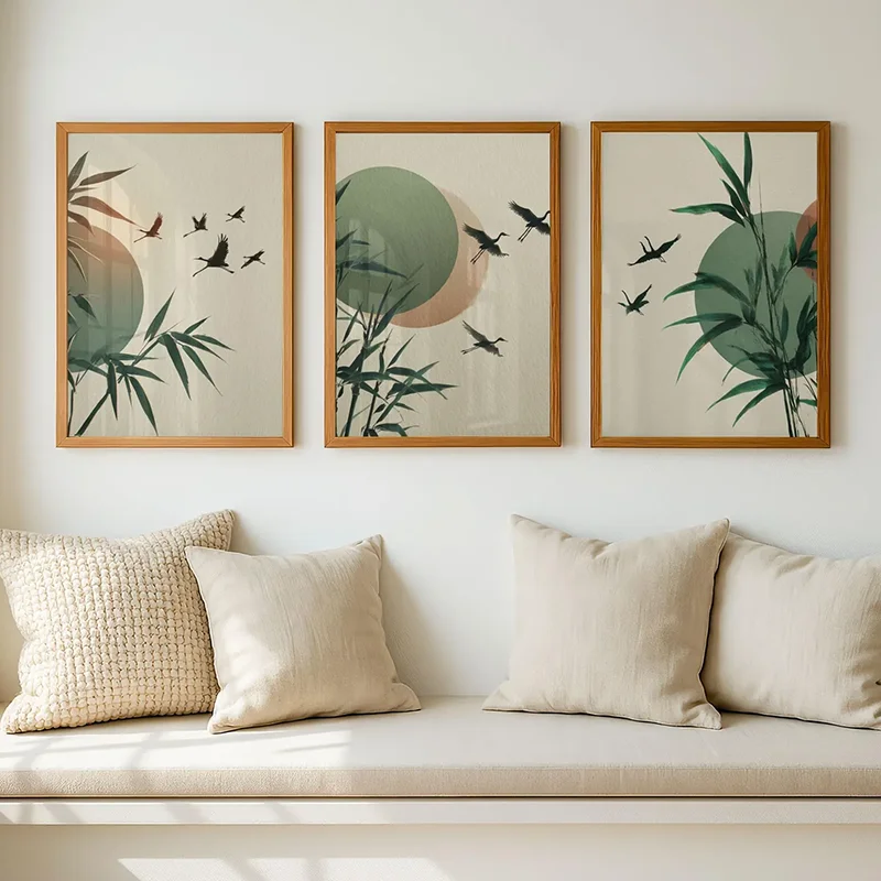 3pcs frameless Canvas Painting 3PCS Japandi Wall Art  Sage Green Crane Bamboo Poster  Minimalist Wall Decor  Canvas Paintings Fo