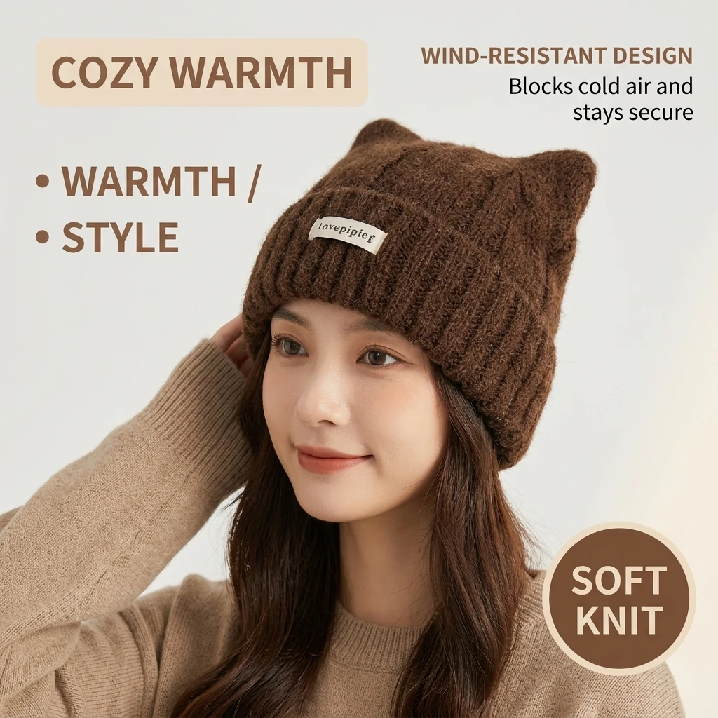 Cat Ear Beanie Hat Soft Cotton Blend for Winter Travel Thickened Warm Knitted Cap Fleece Lined Casual Hat