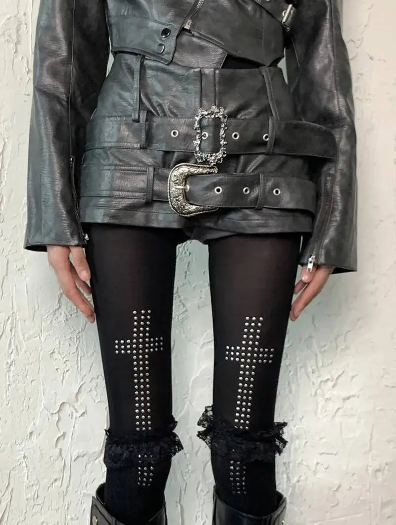 Y Demo Punk Rivet Black Cross Rhinestone Pantyhose Women Y2K Grunge Tights Streetwear