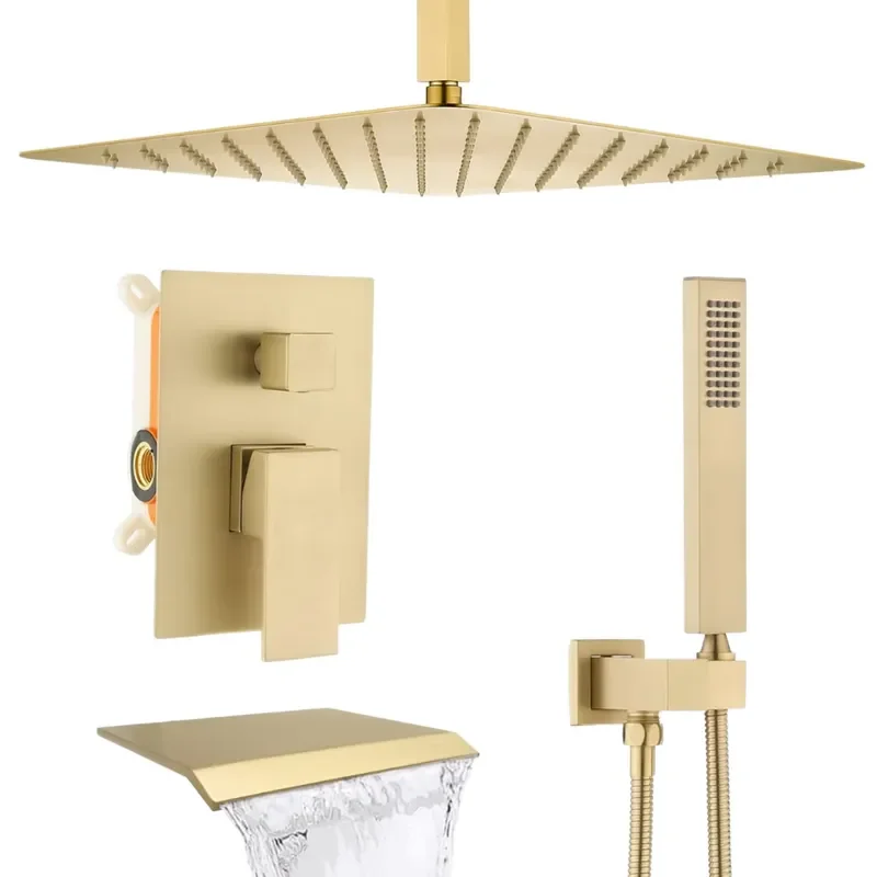 16-Inch Square Brass Brushed Gold Shower Faucet Set Rain Handheld Wall Mounted Mixer Massage Soft Apartment Villa Hotel Use