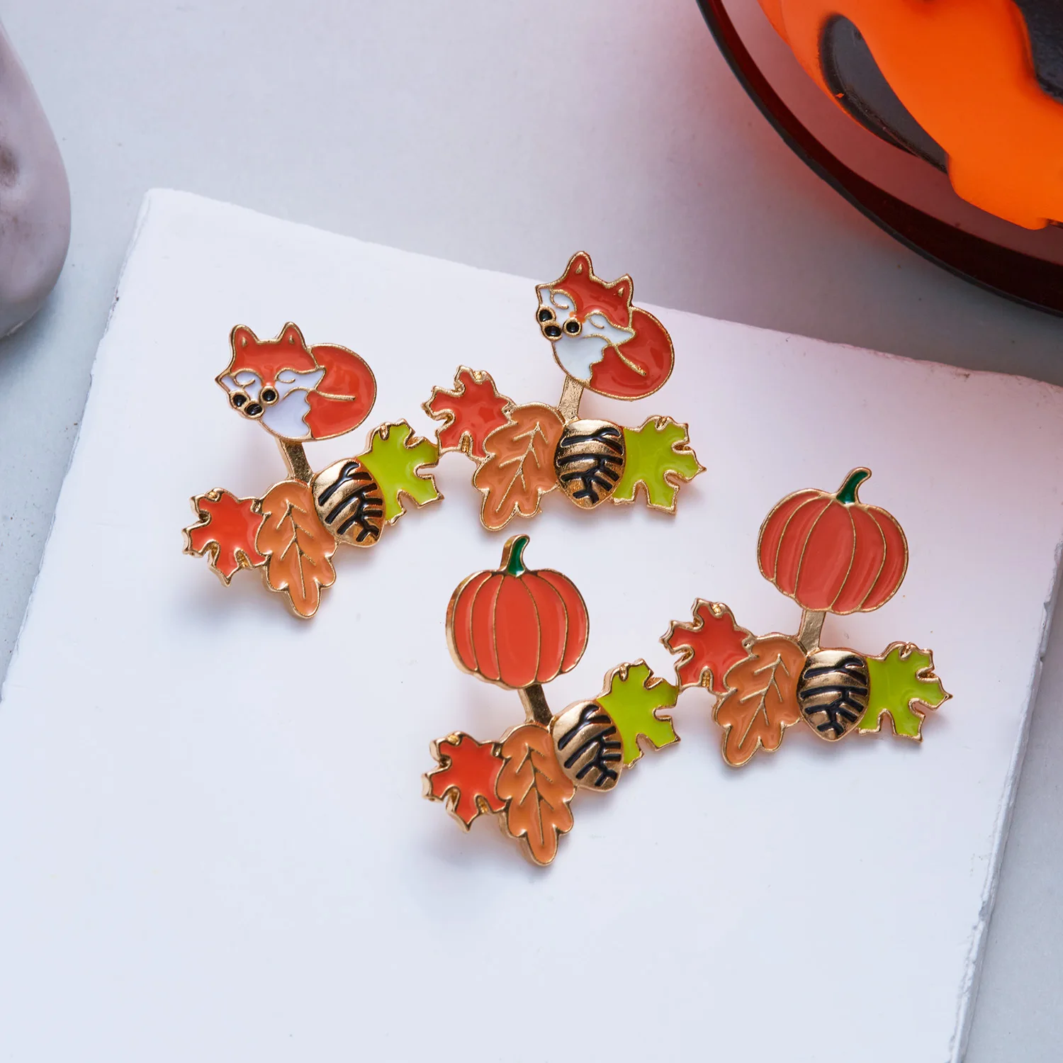 Cute Fall Dangle Stud Earrings for Women Cartoon Fox Pumpkin Maple Leaf Acorn Enamel Drop Earrings Thanksgiving Fashion Jewelry view 4