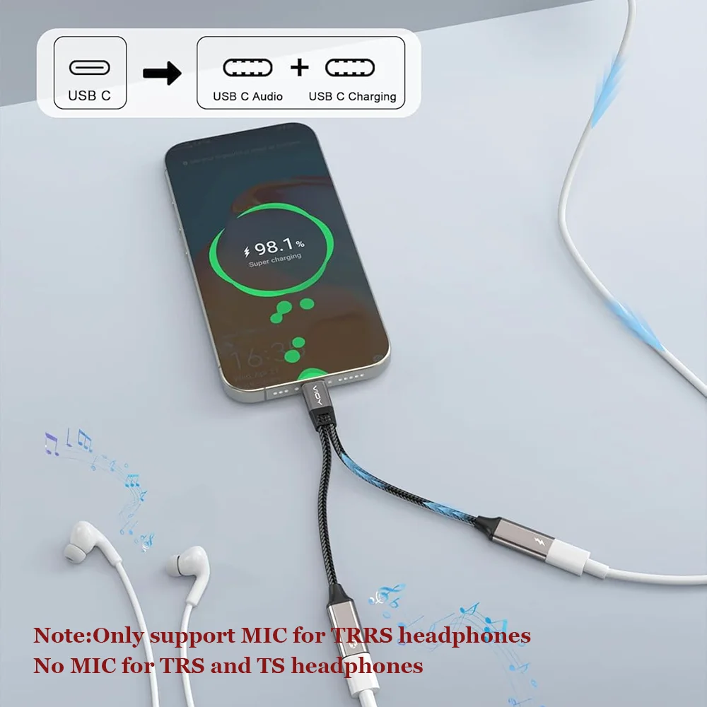 Adapter USB C Splitter Type C do słuchawek i ładowarki z szybkim ładowaniem PD 60W i transferem danych dla iPhone 16/15, iPad, Samsung — zdjęcie produktu 2