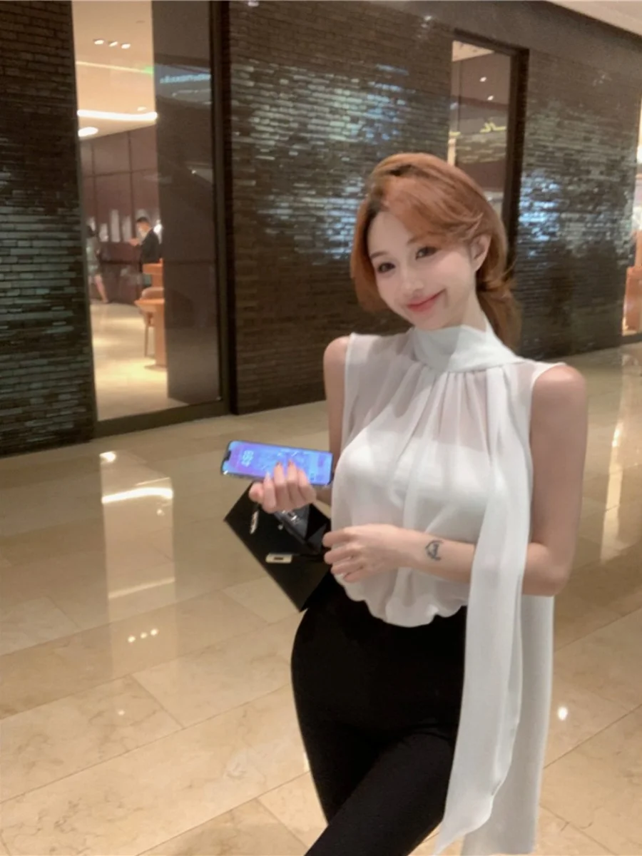 

White Sa Svel Chiffon irt Women Summer Thin Design Gentle Pure Desire Outerwear Top Sweet Sle Loose Fit Polyester...