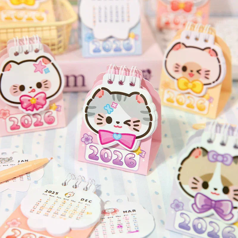 

Mini Portable 2026 Desk Calendar Kawaii Cat Shape Coil Calendar Book Cute Daily Planner Organizer Time Management Back To School
