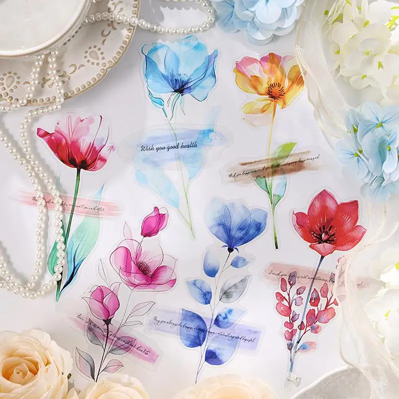 12 PCS PET Flower Sticker DIY Scrapbooking Collage Supplies Creative Decor Stationery Decorative Junk Journa Aesthetics Stickers