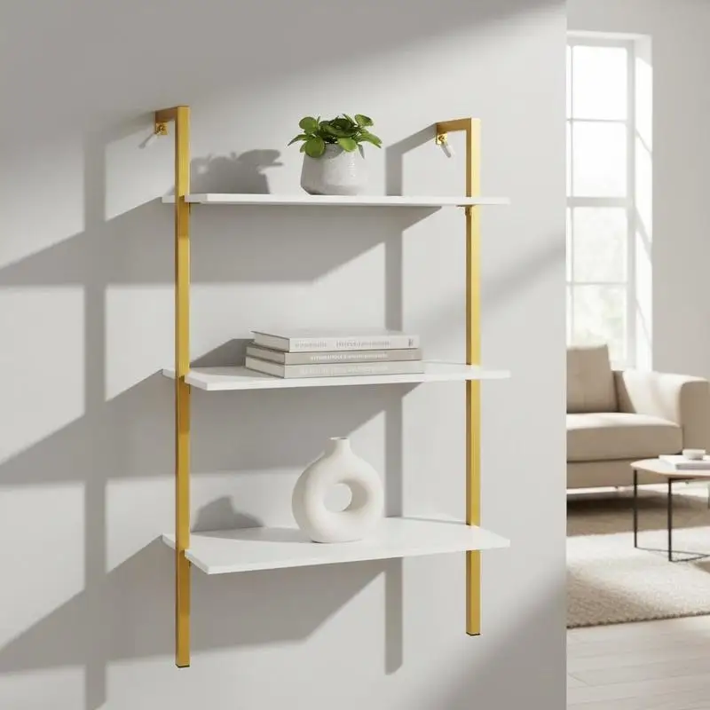 Étagère murale à 3 niveaux en forme d'échelle, étagères en bois avec structure métallique, montage mural peu encombrant, 53,5x29,5x96 cm, blanc, idéal pour salle de bain, cuisine, salon et bureau.