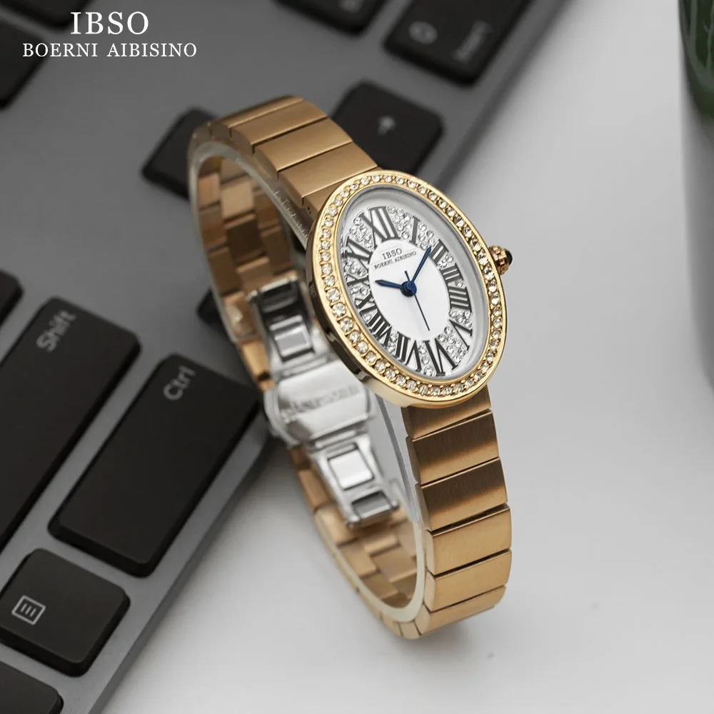 IBSO New Oval Dial Zircon Luxury Women Quartz Watches Simple Stainless Steel Strap 3ATM Waterproof Watch Ladies Free Shipping