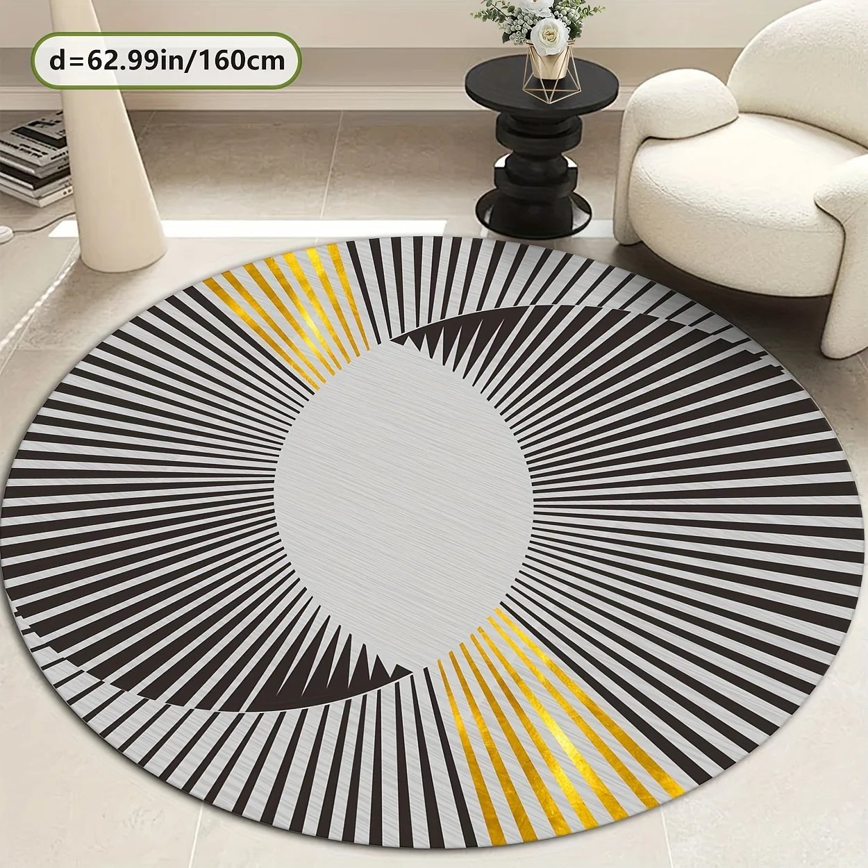 Luxury Round Area Rug Modern Geometric Sunburst Design Black White Gold Living Room Carpet Decoration for Home