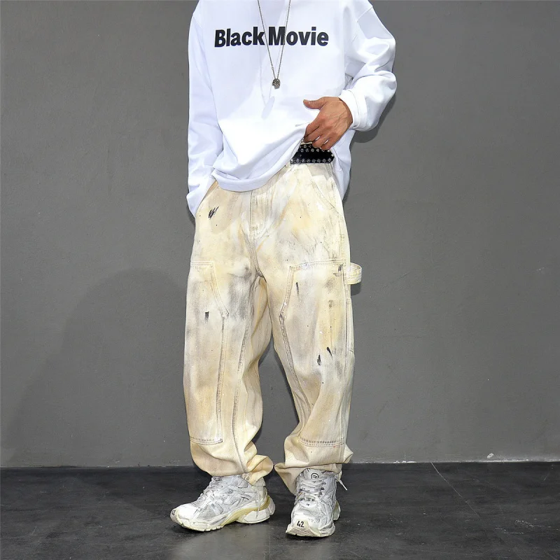 

Vibe Wasteland White Dirty Washed Distressed Carpenter Cargo Jeans Men, Trendy Loose Straight Pants