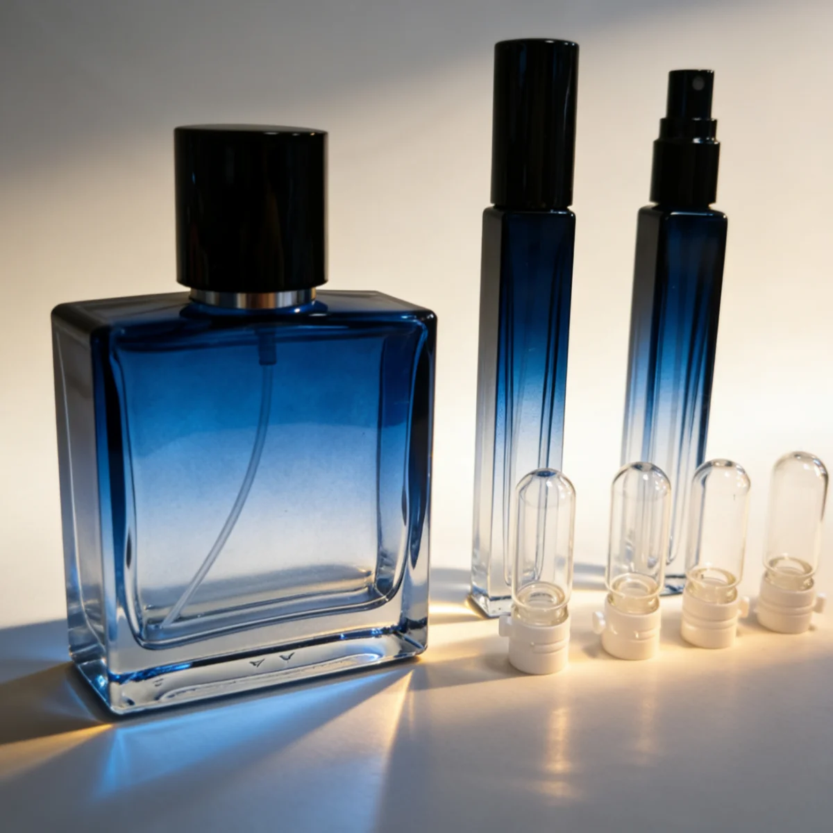 Gradient Blue Glass Perfume Bottle Set, 50ml Square Spray Bottle & 10ml Slim Portable Spray Bottle with 4 Pill Shaped Refillable