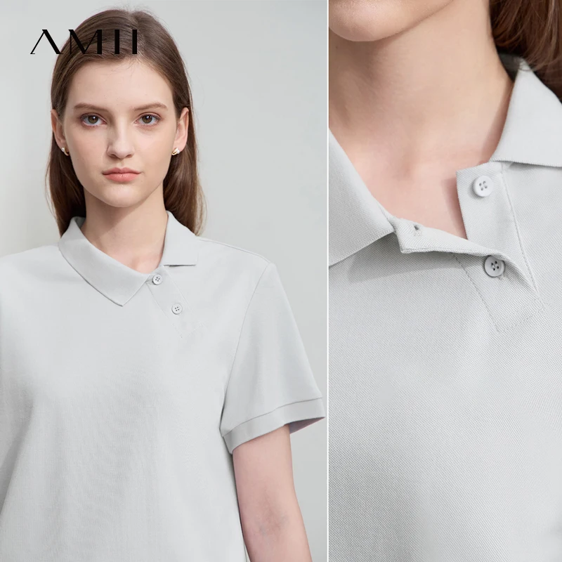 Amii-Camiseta informal minimalista para mujer, POLO recto asimétrico, ajustado, fresco y cómodo, novedad de verano 2025, camisetas deportivas, Tops 12552109