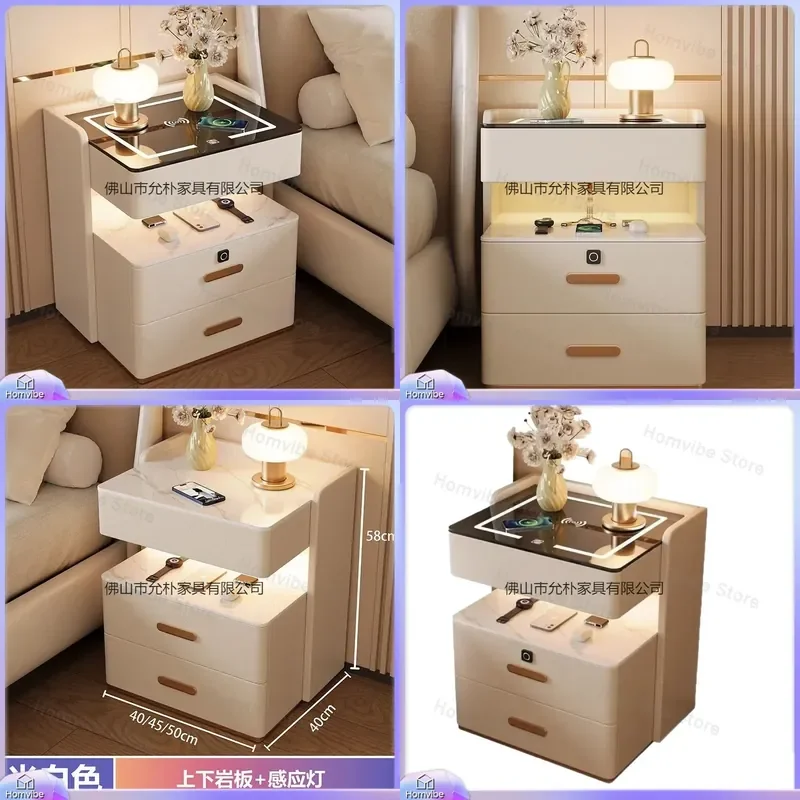 Solid Wood Smart Bedside Table Modern Luxury Bedroom Nightstand with Wireless Charging Multifunctional Storage Cabinet High