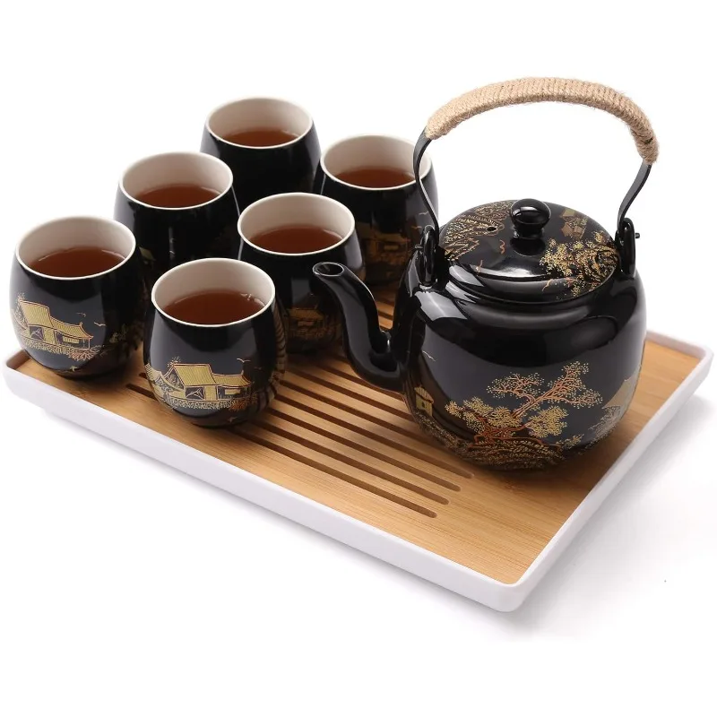 

Japanese Beautiful Asian Porcelain Tea Set, Black with 1 Teapot, 6 Tea Cups, 1 Tea Tray, 1 Stainless Infuser for Adults