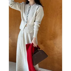 Autumn Winter Women Knitwear Skirt Suit Korean Fashion Casual Knit Set Round Neck Single-breasted Knit Cardigan Long Skirt 2pcs