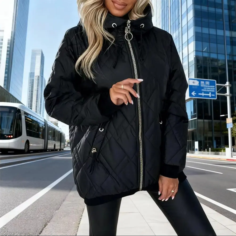 Chaqueta de plumón de estilo básico 2025, Chaqueta de algodón de Color sólido para mujer, abrigo con capucha y cordón, Chaqueta de algodón cálida de manga larga para mujer